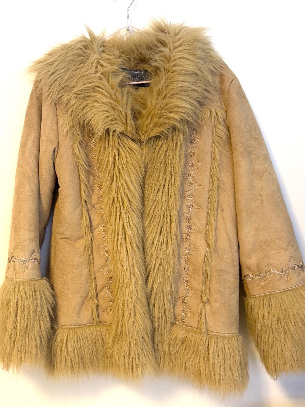 Y2K Penny Faux Fur Collar Cuff Trim Faux Suede Jacket Coat Tan Womens Size Large